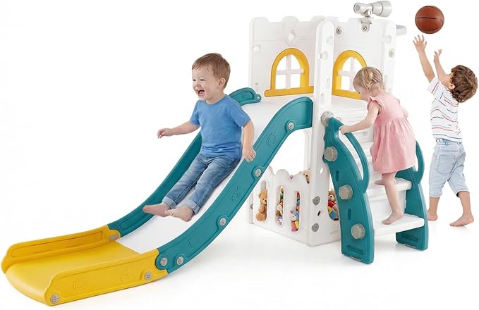 OLAKIDS Toddler Slide, 6 in 1 Kids Indoor Outdoor Playground with Climber Basketball Hoop Telescope Toy Storage for Boys Girls Aged 1+ (Yellow, 27'')