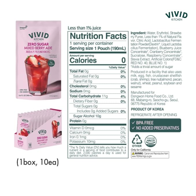VIVID KITCHEN | Mixed Berry Ade Pouch drinks – Zero Sugar, Zero Calories | Korean Convenience Store Drink | No Artificial Preservatives or Corn Syrup | 6.4 fl oz (10 Pouches) (10 Pouch, Mixed Berry Ade)