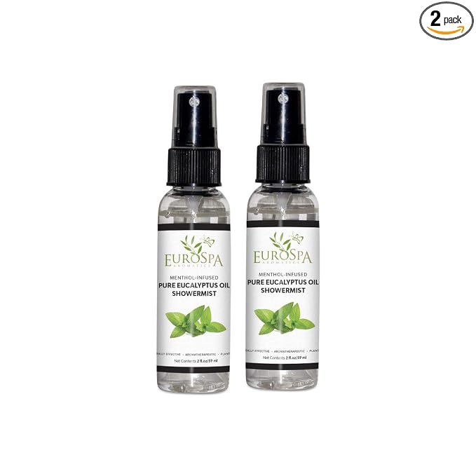 EuroSpa Aromatics Pure Eucalyptus Oil ShowerMist and Steam Room Spray, All-Natural Premium Aromatherapy Essential Oils - Menthol Infused, 2oz, 2 Pack