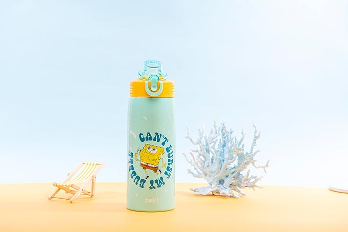 Zak Designs SpongeBob SquarePants Sage Kids Water Bottle For School or Travel, 19oz Stainless Steel Water Bottle With Straw, Handle, and Leak-Proof, Pop-Up Spout Cover (SpongeBob and Patrick)