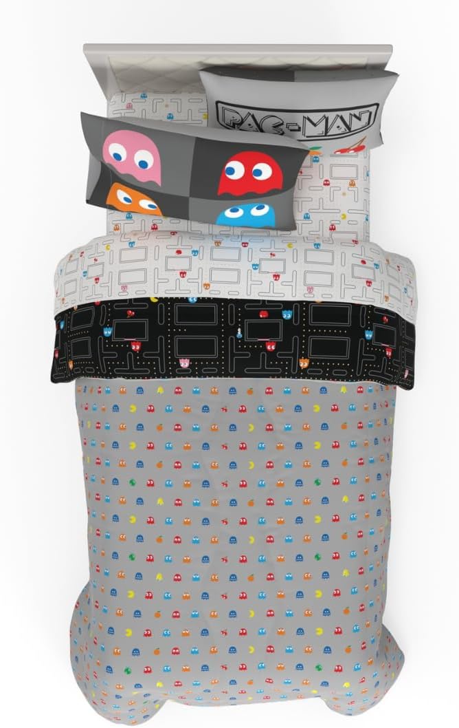 Pac-Man Gaming 5 Piece Super Soft Cozy Reversible Comforter and Sheet Set with Sham, Twin, (Officially Licensed Product) By Franco