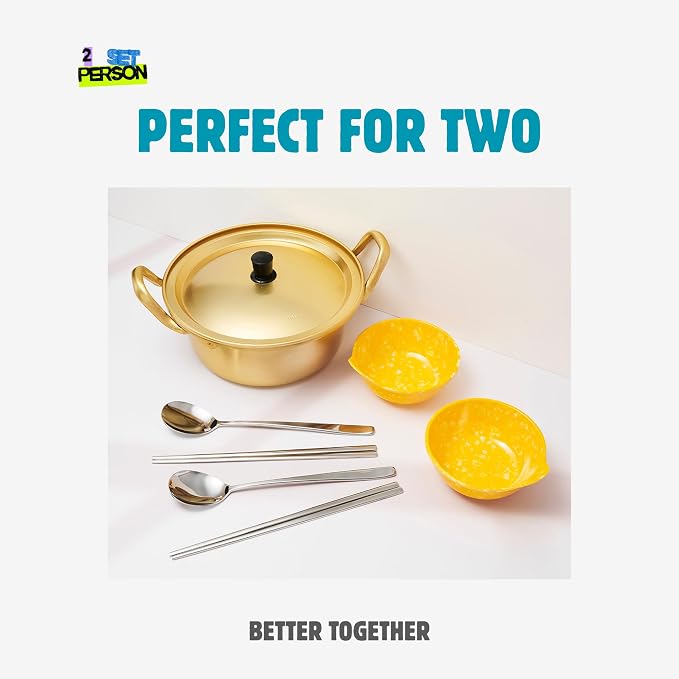xenoz Korean Ramen Noodle Pot Set, 2 Bowls, 2 Spoons & Chopsticks | Made in Korea aluminum cookware set designed for sharing ramen, noodles and soup.