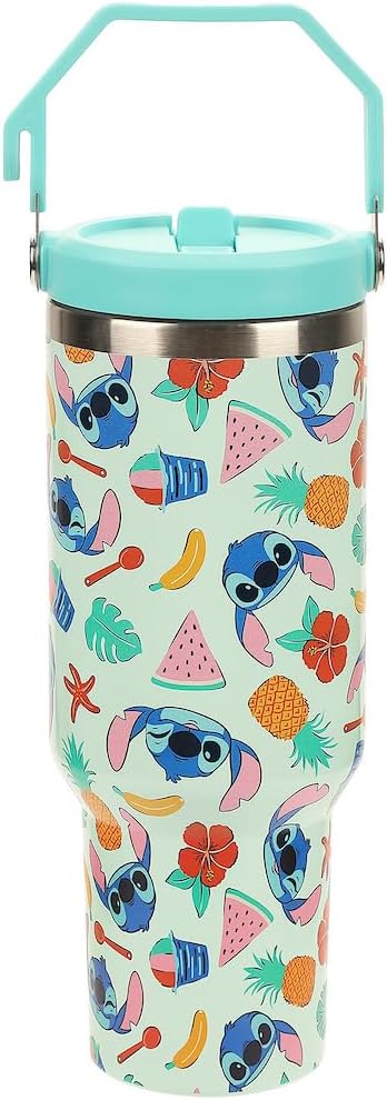 Bioworld Lilo & Stitch All-Over Tropical Stitch Print Blue 40 Oz Stainless Steel Water Bottle