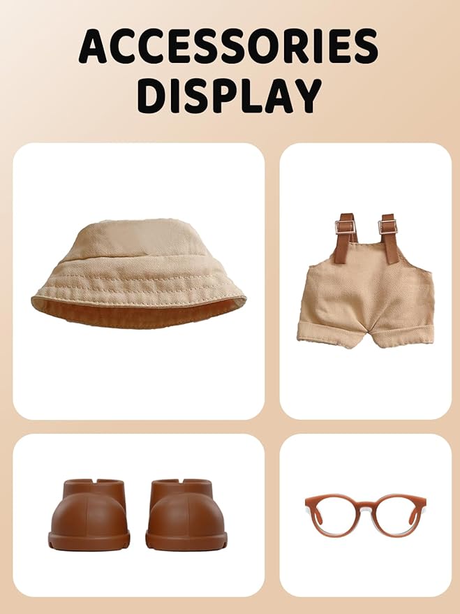 2PCS Doll Clothes Set for 17cm Dolls – Stylish Outfit with 2 Hat, 2 Overalls, 2 Shoes & 2 Glasses of Clothes Designer, Cute Clothes for Dress up Unique Style (Black+Brown) (Doll Not Included)