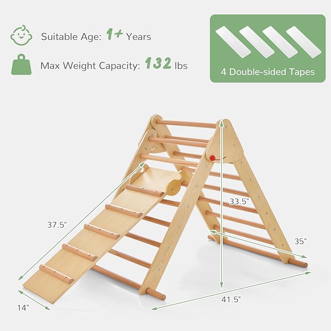 OLAKIDS Pikler Triangle Set 3 in 1 Climbing Toys for Toddlers Foldable Wood Montessori Baby Jungle Gym with Ramp Ladder Slide Kids Indoor Playground Activity Play Structure