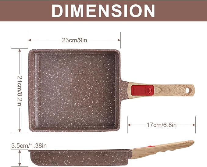 AIKENBBKK Tamagoyaki Pan Ceramic, Japanese Omelette Pan Nonstick, Japanese Egg Pan, Square Egg Pan, Induction-Ready, Detachable Handle, with Silicone Spatula, PFAS & PFOA-Free, Oven Safe,Brown,9"x8.2"