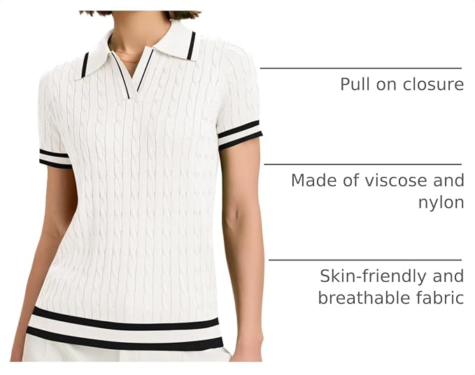 Micoson Womens Short Sleeve Sweater Tops Lapel V Neck Polo Shirts 2026 | Summer Cable Knit Loose Blouses, Business Casual Outfits