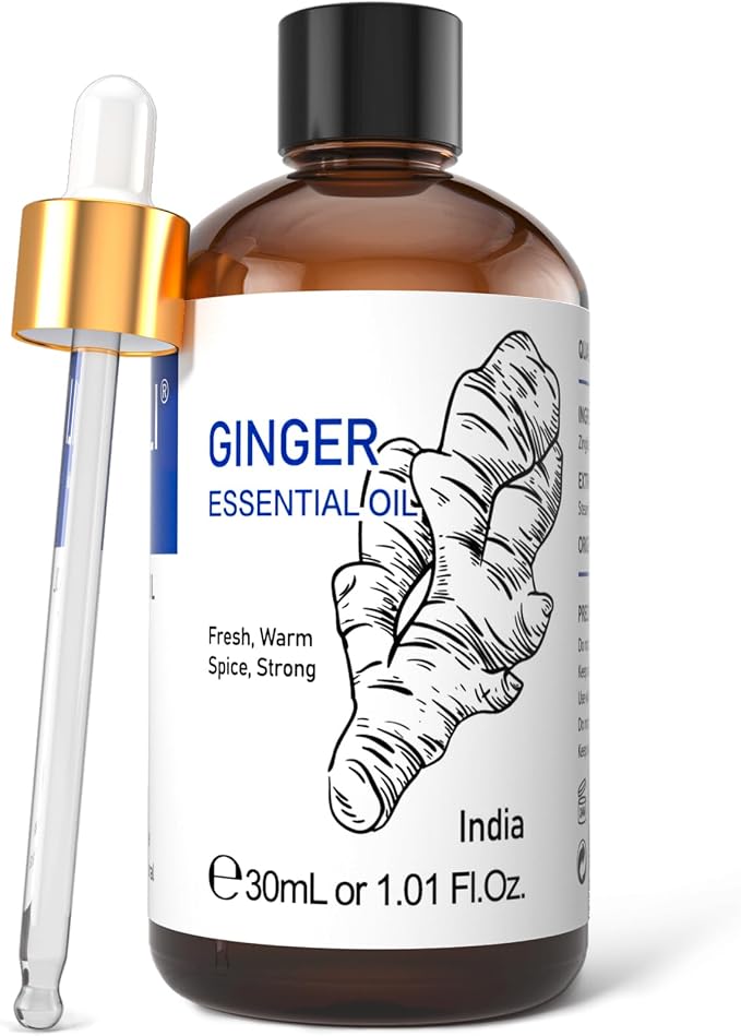 HIQILI 1 Fl Oz Ginger Oil, Ginger Essential Oil for Hair, Massage, Skin - 30ml | Warming Sensation for Body & Joint Comfort, Soothe Tired Muscles, Enjoy a Cozy Calming Space - 30mL / 1.01 fl.oz
