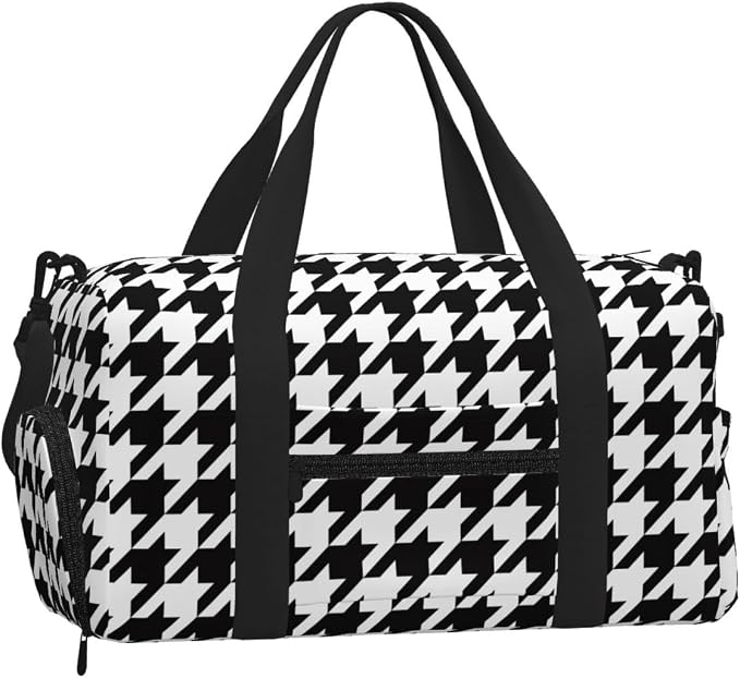 Fiokroo Sports Gym Bag Black And White Houndstooth Travel Duffel Bag For Men Women With Shoe Compartment Water Resistant Gym Bag Carry On Duffel Bag For Weekend Traveling Yoga Gym Sports