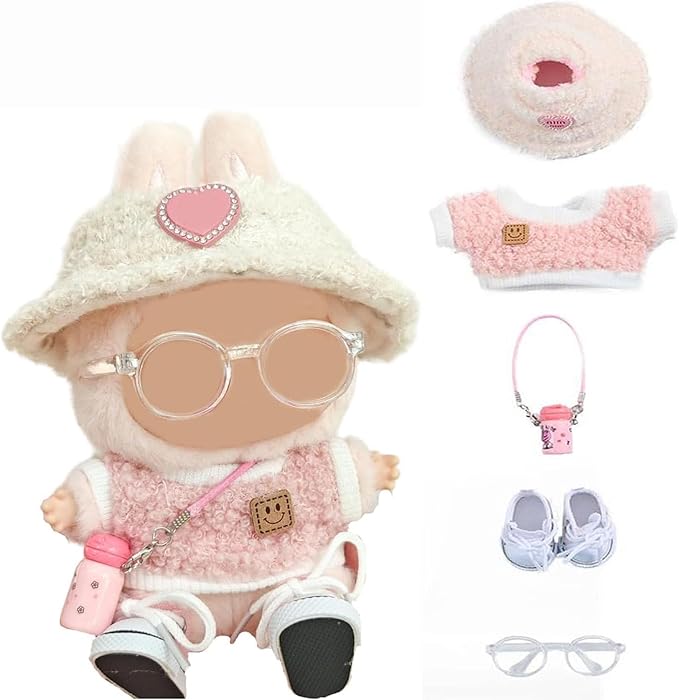 5 Set 17cm Doll Clothes - Clothes for Dolls Outfit - Accessories for 17cm Dolls Clothes +Light Pink Heart-Shaped Velvet hat + Small Camera + Glasses + Canvas Shoes, No Doll Included (Pink Water Cup)