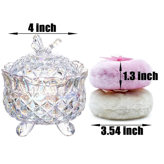 Luxury 4 Inch Glass Powder Container with 2 Soft 3.5" Puffs｜Non-Sealed Refillable Organizer for Body Powder,Makeup & Jewelry｜Setting Powder Applicator w/Loose Powder Storage(Butterfly-Dazzling Color)