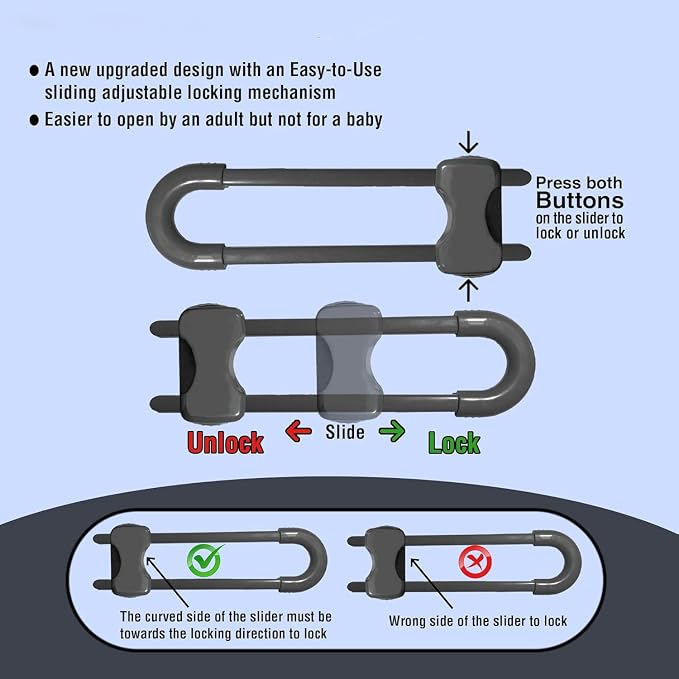 Sliding Cabinet Locks for Babies, Baby Proofing Adjustable U-Shaped Baby Safety Latches for Handles Knobs Drawers, Fridge, Closet, Cupboard, Closet with Secure Lock Buttons,10Pack(Grey)