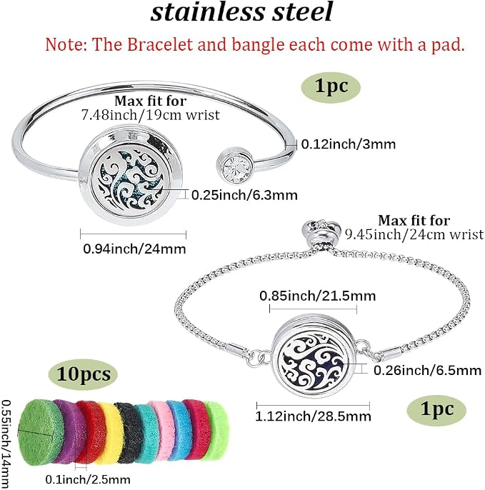 SUNNYCLUE 1 Box 2 Sets Essential Oil Diffuser Bracelet Adjustable Bangles with 10Pcs Refill Pads Stainless Steel Clouds Aromatherapy Locket Adjustable Jewelry for Women Yoga Travel Birthday DIY Gifts