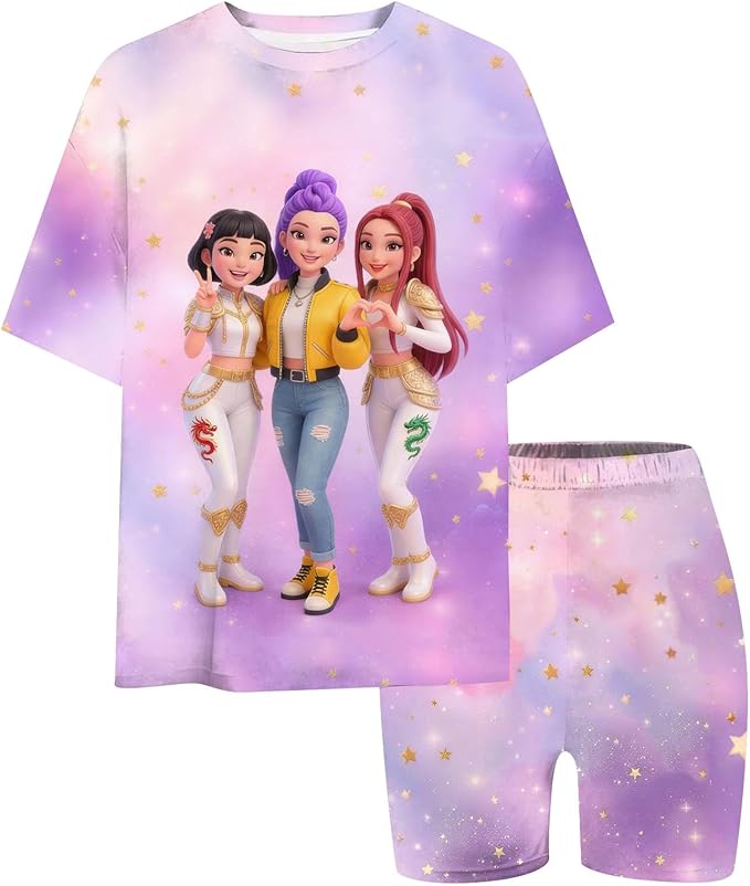 K-POP DEM0N Hunters Outfits for Girls, 2 Piece T-Shirts and Apparel Sets Birthday Gift