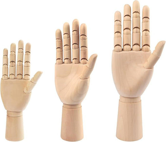 GNIEMCKIN Wooden Hand Model, 3 PCS, 12/10/7 Inches Right Hand Art Mannequin Figure with for Hand Jewelry Display, Decoration, Sketching.