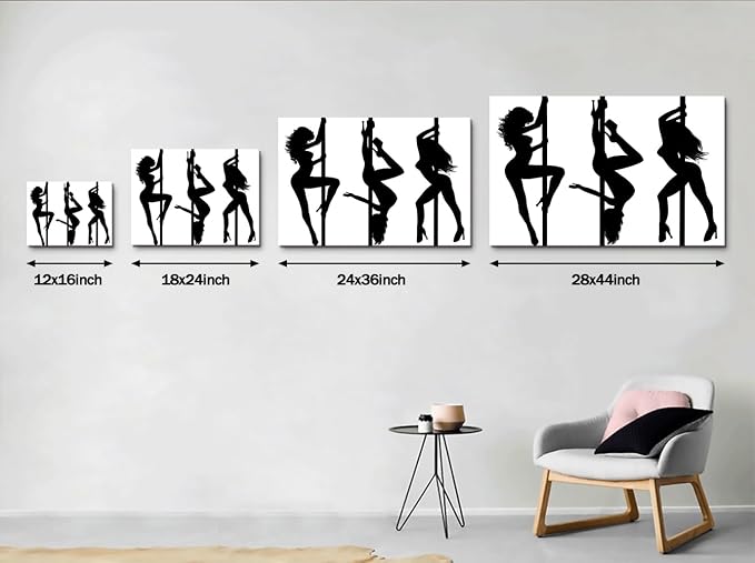 Yeesjoee Sexy Women Pole Dance Wall Art, Elegance Abstract Dancers Silhouette Black White Print, Modern Strength Picture Canvas Painting Living Room Bedroom Bathroom Office Home Decor, 24x36 in Framed