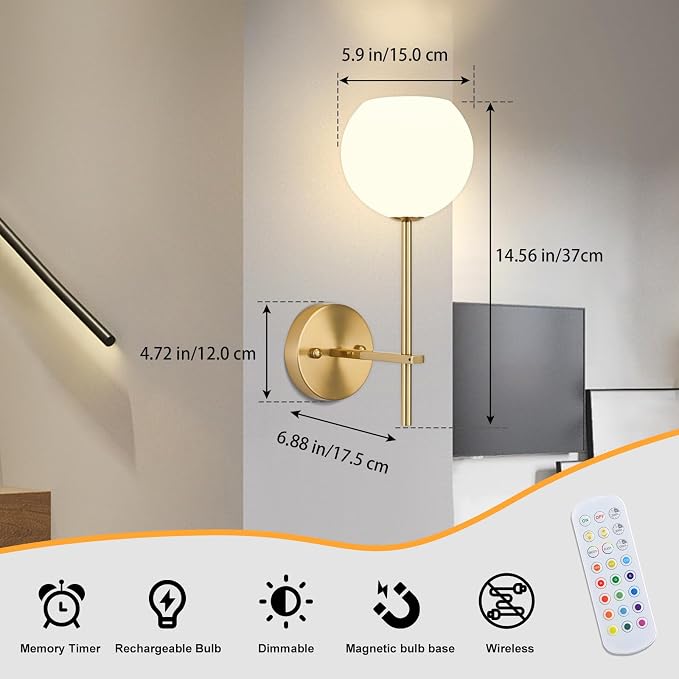 Gold Battery Operated Wall Sconces Set of 2, Rechargeable Wireless Wall Lights with Milky White Frosted Glass Shade, 12 RGB and 3CCT Dimmable, Wall Lamps with Remote for Bedroom Living Room Hallway