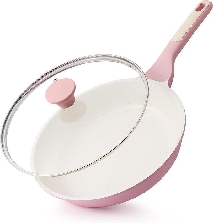 SENSARTE 8Inch Nonstick Ceramic Frying Pan with Lid, PFAS/PTFE Free, Pink | Ceramic Omelette Pan Skillet, Healthy Non-toxic Chef's Pan, Induction Compatible Pan, Heat Resistant Handle