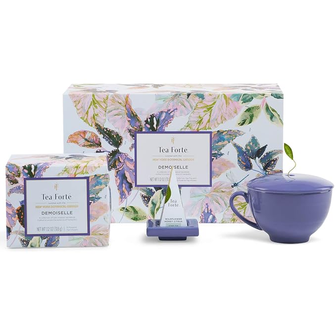Tea Forte Gift Set with Cafe Cup, Tea Tray, Mini Presentation Box with 10 Handcrafted Pyramid Infuser Tea Bags, Demoiselle Tea