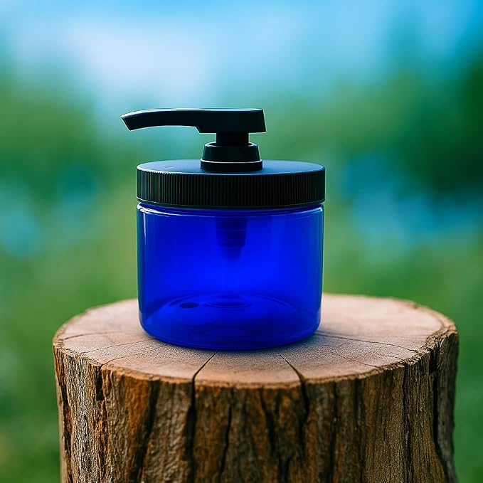 Royal Massage 16oz Refillable Pump Jar with Locking Dip Tube Dispenser – BPA-Free Plastic Container for Massage Oils, Lotions, Creams – Ribbed Lid Wide-Mouth Jar – Durable & Reusable (Blue/Black, 1)
