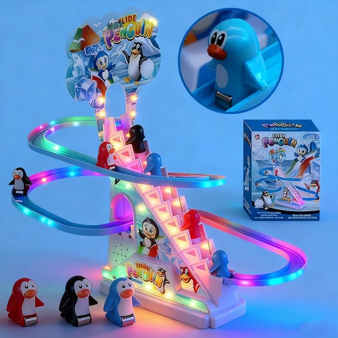 Penguin Climbing Toy Set Electric Light Slide Climbing Toys for Automatic Stairs,Playful Santa Race Game Christmas Roller Climbing Toys with LED Light and Music for Toddlers Boys Girls