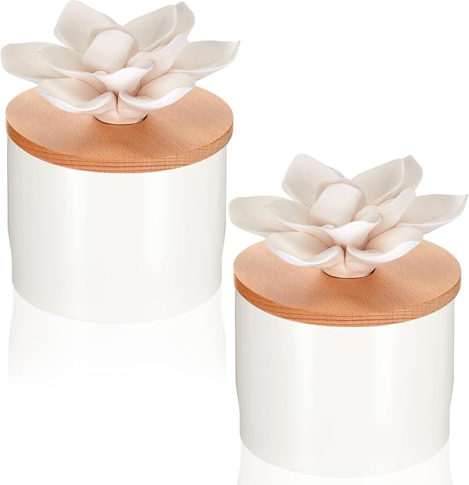 Honeydak 2 Pcs Ceramic Essential Oil Diffuser, Non Electric Reedless Passive Porcelain Flower Aromatherapy Diffuser, Decorative Floral Design Tabletop Office Home Bathroom Decor (Water Lotus)