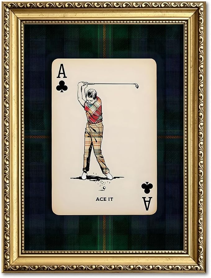 Gold Framed Vintage Golf Wall Art, Man Cave Golfer Sports Wall Decor Painting Playing Plaid Canvas Prints Picture for Bedroom Living Room Man Room Club 8x10 inch