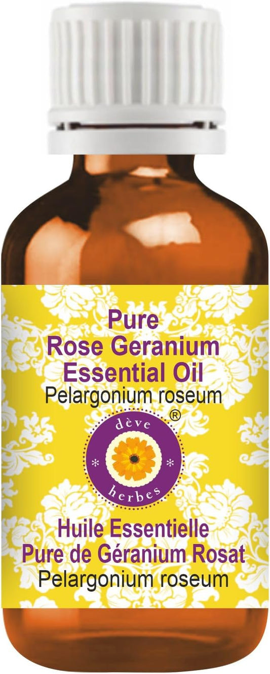 Deve Herbes Pure Rose Geranium Essential Oil (Pelargonium roseum) Steam Distilled 100ml (3.38 oz)