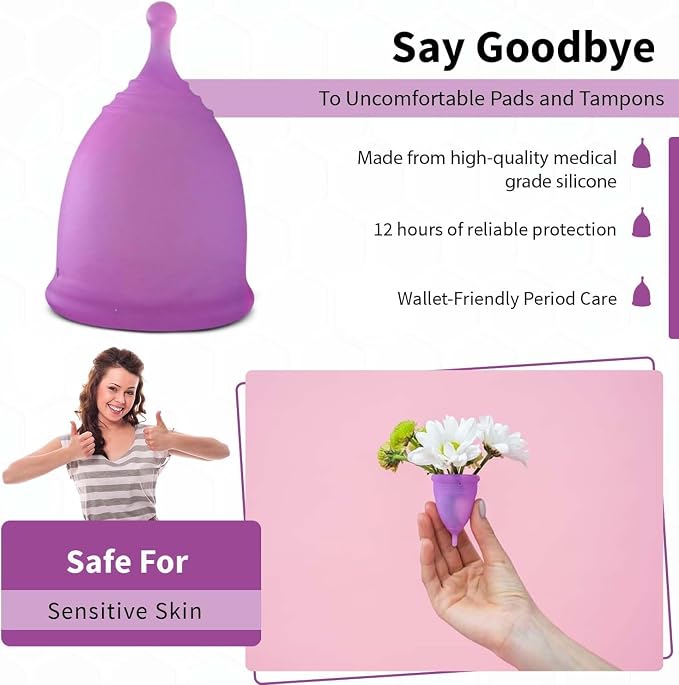 Angel's Peel Lounge Menstrual Cup for Women - 100% Medical-Grade Leak-Free Soft & Flexible Silicone Cup - 12 Hour Leak Protection Eco-Friendly & Reusable Period Cups for Women - Purple - Small