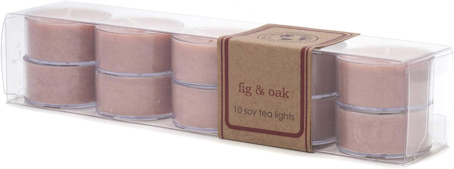 Eco Candle Co. Fig & Oak Tea Light Candles, 10-Pack, 9 Hr Burn Time | Scents of Figs, Cranberries, Leather, & Musk - Recyclable Plastic Cups, No Lead, Hand Poured, Midwest Grown Soybeans, .6 oz.