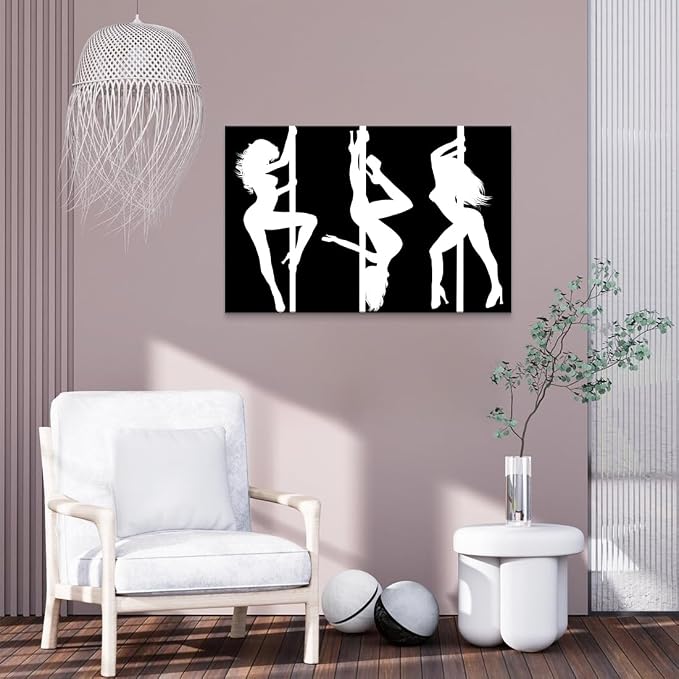 Yeesjoee Modern Sexy Pole Dancer Canvas Wall Art, Black White Silhouette Abstract Woman Dance Dynamic Painting, Strength & Elegance Prints Pictures Decor for Living Room Bedroom Gym, 24x36 in Framed