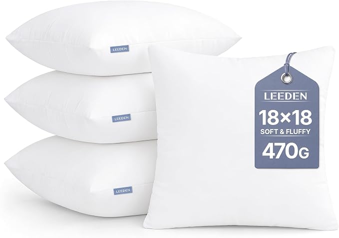 Leeden 18x18 Pillow Inserts Pack of 4, 18 Inch Throw Pillow Inserts, Soft Fluffy Decorative Square Throw Pillows for Couch, Sofa, Bed, and Home Decor White Pillows