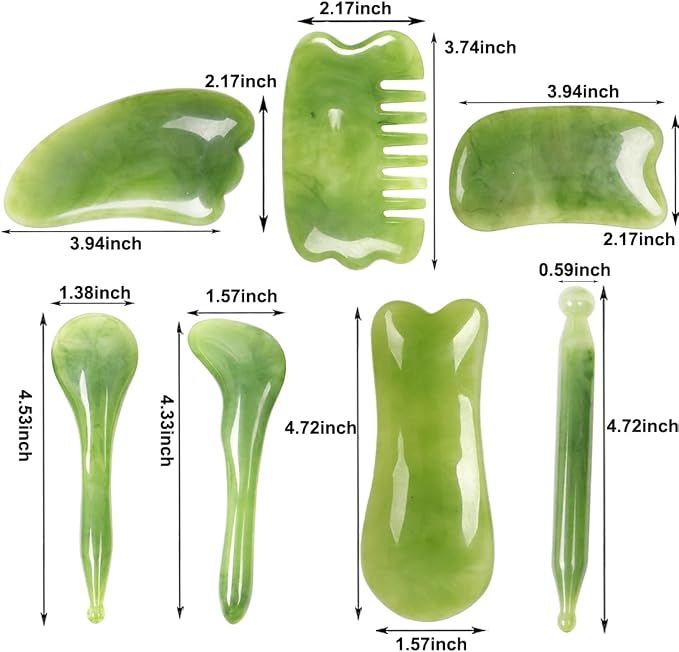 7 Pack Gua Sha Scraping Massage Facial Tools Kit, ResinGuasha Scraper Board Health Care Beauty Scrape Plate with Flax Bag for Face Body Leg Back Care Physical Acupuncture Deep Tissue Therapy (Green)
