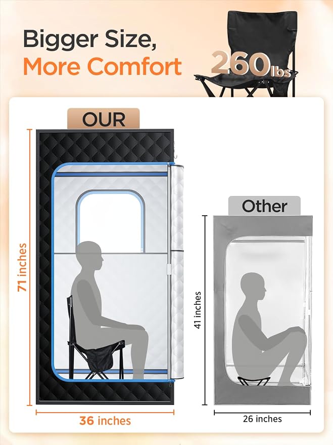 Portable Steam Sauna for Home | 71" Full Body Sauna Tent with 1200W 3L Steamer, 15 Heat Levels, Timer & Remote Control, Foldable Chair | Large Size for Adults, VOC-Free