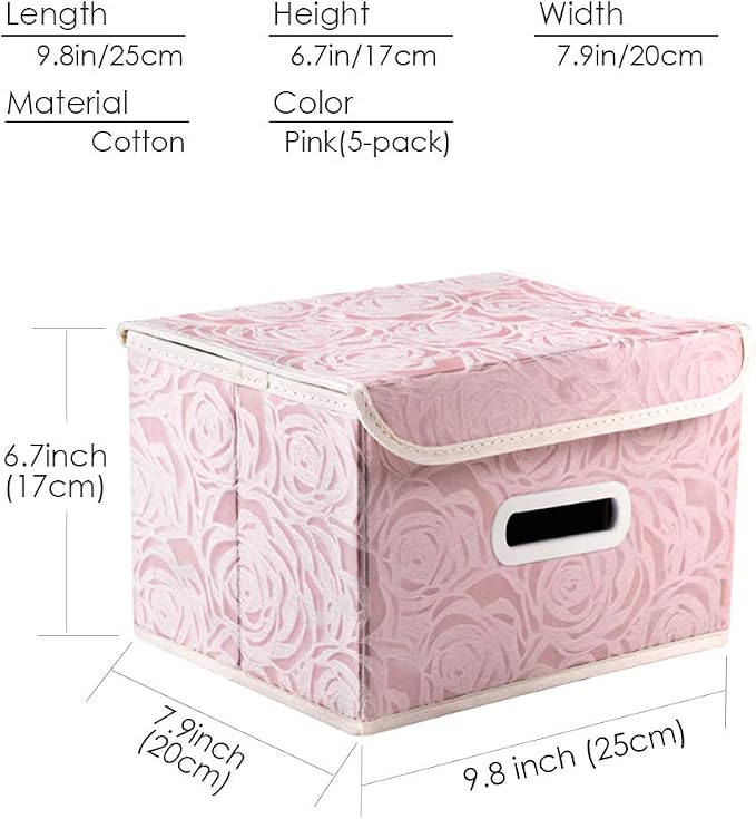 Foldable Storage Boxes with Lids [5-Pack] Fabric Decorative Storage Bins Cubes Organizer Containers Baskets with Cover Handles Divider for Bedroom Closet Living Room Pink 9.8x7.9x6.7 Inch