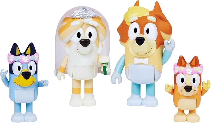 Bluey Figure 4-Pack Wedding Time, Re-Enact Uncle Rad and Frisky's Wedding Day and Bingo Flower Girl Figures
