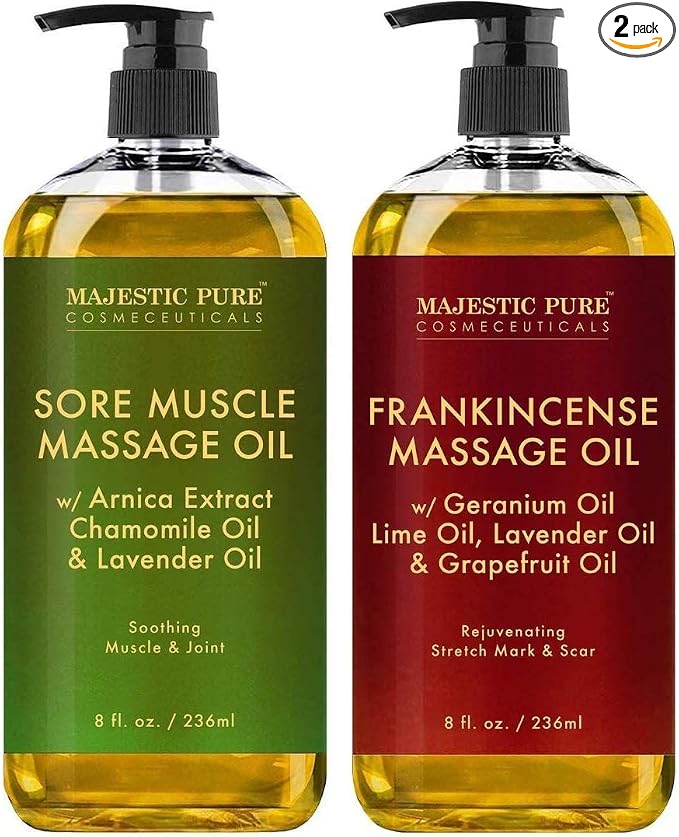 Majestic Pure Sore Muscle Massage Oil and Frankincense Massage Oil Bundle – 8 fl oz Each