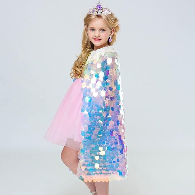 Princess Dress Up Rainbow Mermaid Cape Toddler Costume for Princess Cloaks Gift Set for Little Girls 3-8 Years