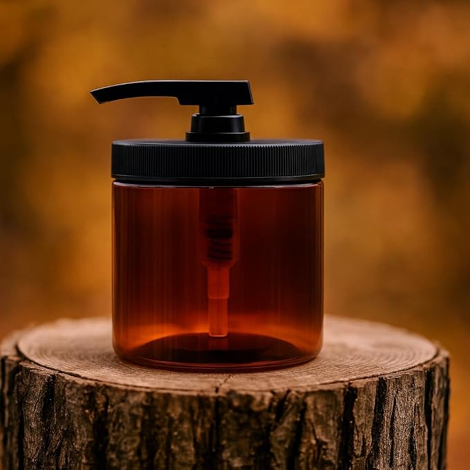 Royal Massage 16oz Refillable Pump Jar with Locking Dip Tube Dispenser – BPA-Free Plastic Container for Massage Oils, Lotions, Creams – Ribbed Lid Wide-Mouth Jar – Durable & Reusable (Amber/Black, 3)