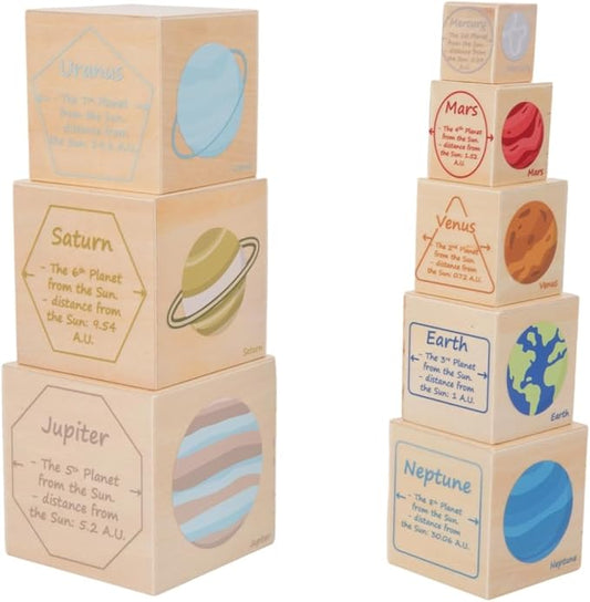 Wooden Eight Planets Nesting Blocks for Kids 3+, Montessori Sorting & Stacking Cube Boxes, Preschool Educational Science Toy Set for Toddlers Boys & Girls―Learning Solar System (8 Pcs)