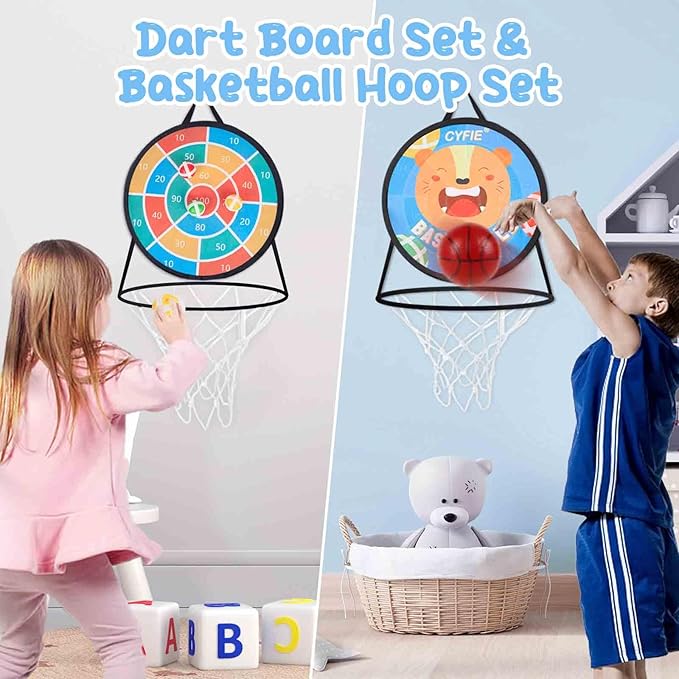 2 in 1 Basketball Hoop and Dart Board，Double Sided 14" Dart Board，Basketball Hoop for Kid Toddlers, Sports & Outdoor Games Toys，Birthday Gift Toys for 3 4 5 6 7 8 9 10 Years Old Boys Girls Kids Party
