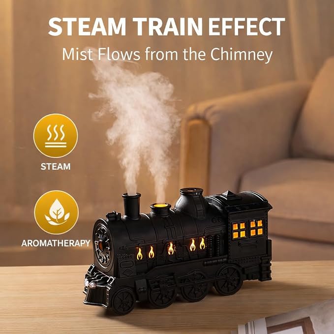 Steam Train Essential Oil Diffuser Set, 300 ml Retro Train Aromatherapy Diffuser with Night Light, Includes 2 Essential Oils, Desk Decor Humidifier, Gift for Train Lovers