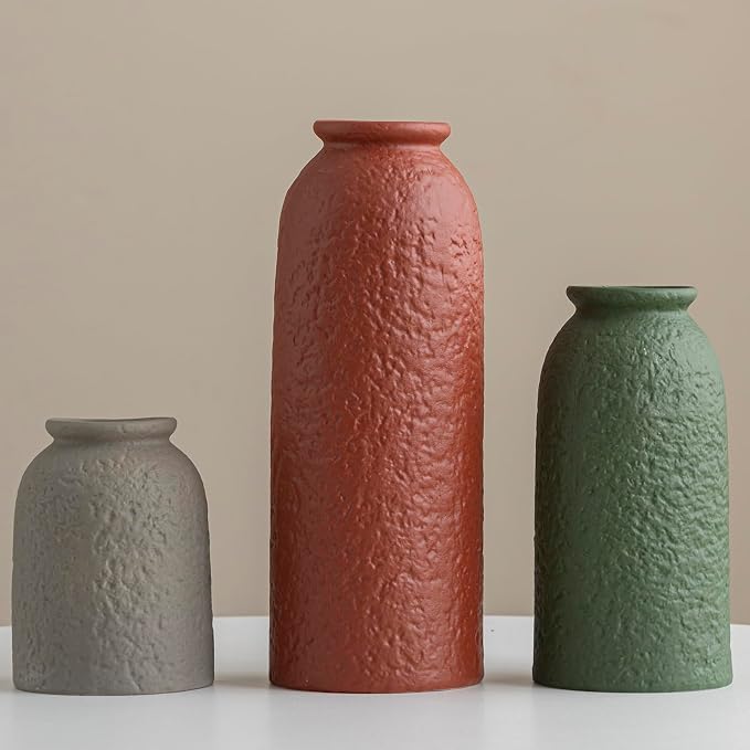 Large Decorative Ceramic Vase Set, 3 Pieces, Nordic Modern Boho Style, Earthtone Color Mix, Modern Farmhouse for Home Decor (XL Red Texture Mix)
