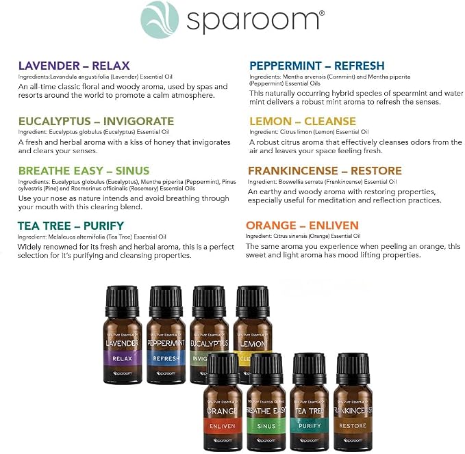 SpaRoom 100% Pure Essential Oils Set; Perfect for Aromatherapy, Diffusers, Humidifiers and Home Care, Gift Set of 8