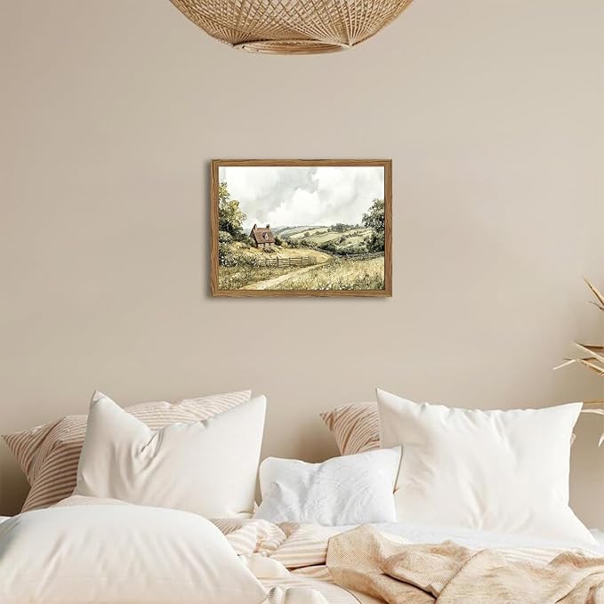 Framed Vintage Canvas Wall Art, Cottage Landscape Wall Decor Paintings, Rustic Farmhouse Pictures Prints Aesthetic Home Decor for Living Room Bedroom Bathroom 12x16 inch