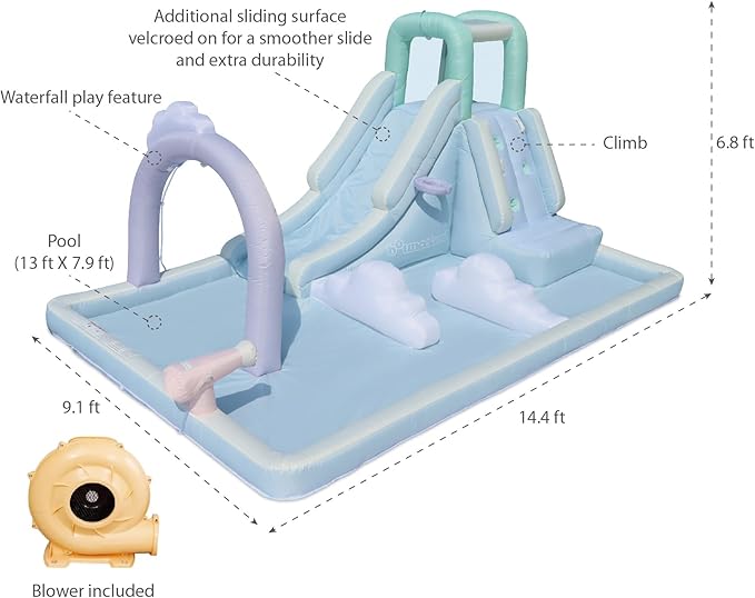 Bounceland Splash N’ Dash Dream Water Slide, 14.4ft L x 9.1ft W x 6.8ft H inflated Size, Outdoor Fun w/Long Slide, Giant Splash Pool, Water Spray, Climbing Wall, Active Play for Kids