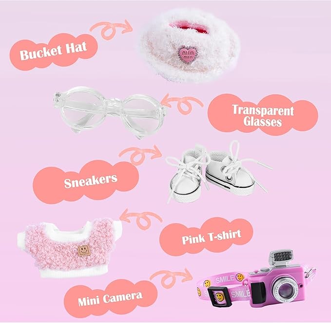 5 Set 17cm Doll Clothes- Clothes for Dolls Outfit - Accessories for Labubu +Light Pink Heart-Shaped Velvet hat + Small Camera + Glasses + Canvas Shoes, No Doll Included (Pink Camera)