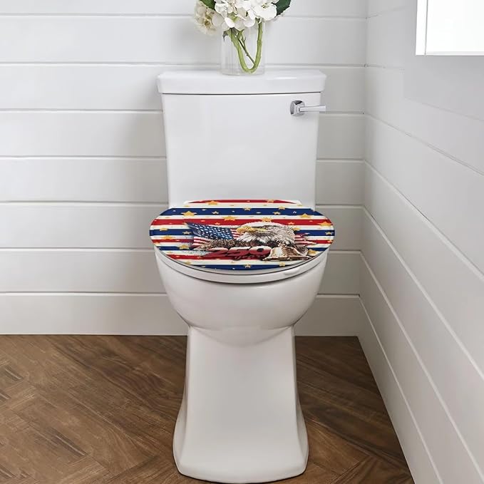 American Flag Toilet Lid Cover Set with Elastic Band US 250 Years Toilet Seat Cushion Cover Replacement for Bathroom Decor Machine Washable Polyester Fabric Bathroom Covers