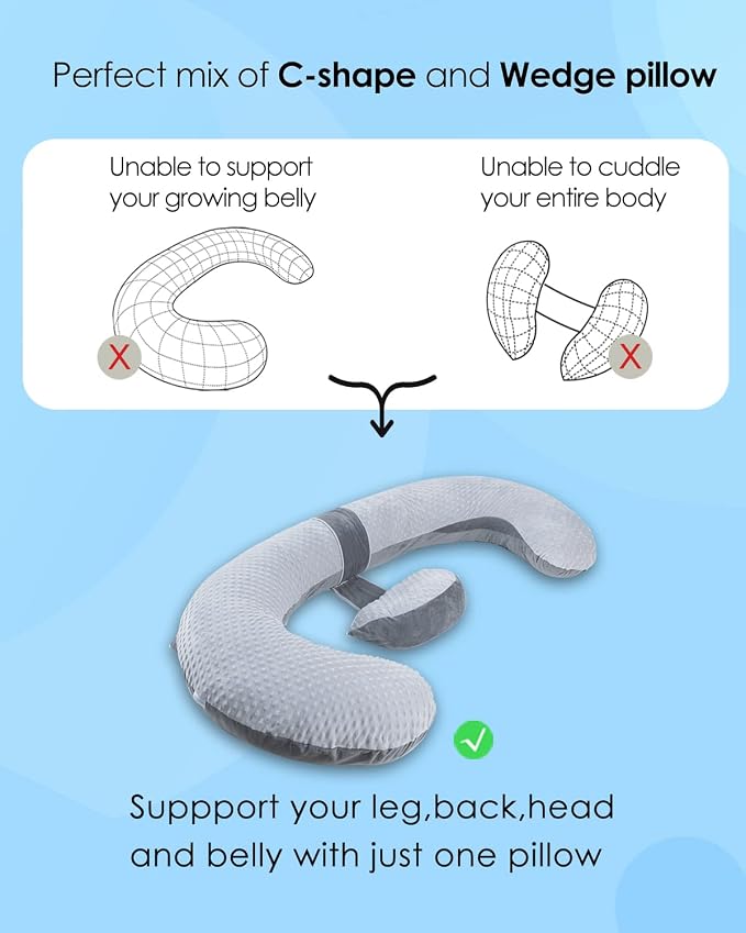 QUEEN ROSE Pregnancy Pillow E Shaped with Detachable Wedge, Adjustable Full Body Maternity Pillow for Sleeping, Dual-Sided Velvet Cover, 60 Inch Support for Side Sleepers, Grey