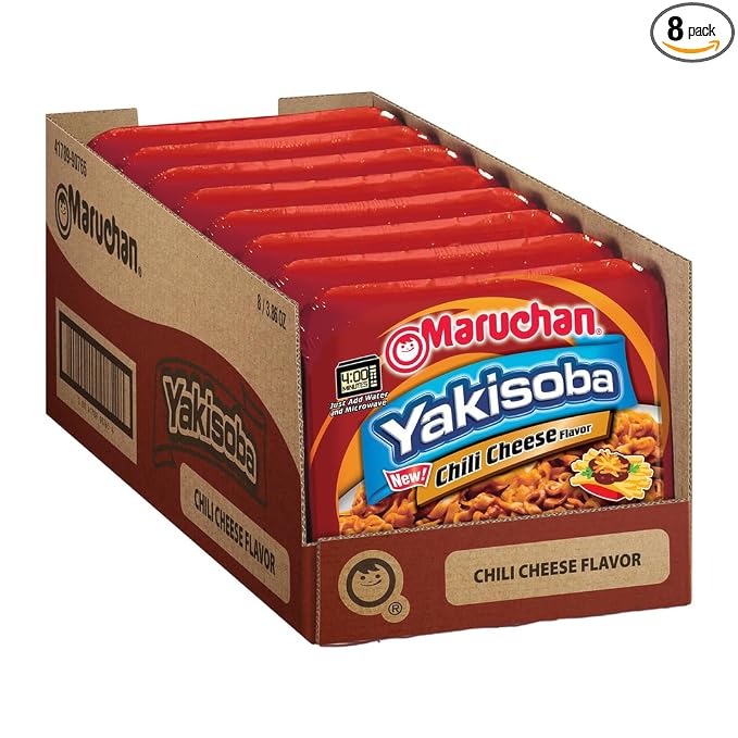 Maruchan Yakisoba, Chili Cheese Flavor – Stir-Fried Japanese Instant Ramen Noodles, High Protein Microwavable Meal – 3.86 Oz. (8 Pack)